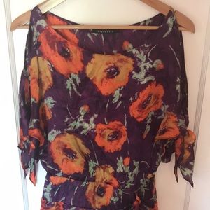 Black Halo size 2 100% silk cold shoulder dress with waist and sleeve tie detail